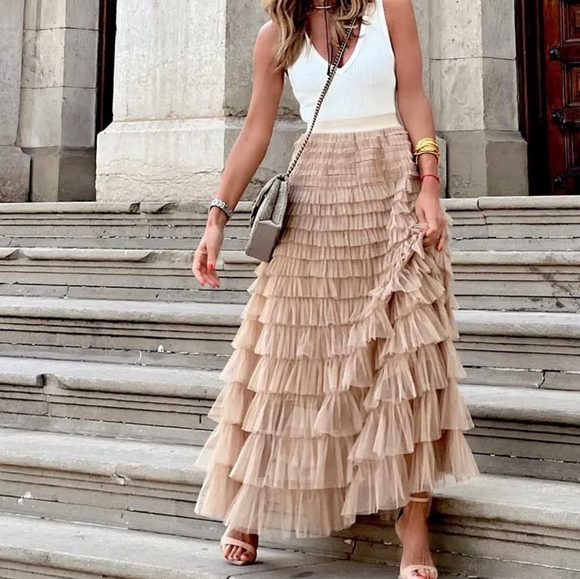 Casual Womens Solid Ball Gown Long Skirt Tulle High Waist Pleated Tutu Skirt - Picture 2 of 6